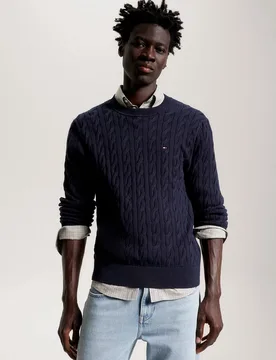 Classic Cable Mens Crew Jumper - Navy Cotton - Size Large - Tommy hilfiger - FashionsVida