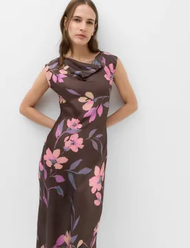 Satin Floral Cowl Neck Maxi Slip Dress Chocolate Mix female - M&S - FashionsVida
