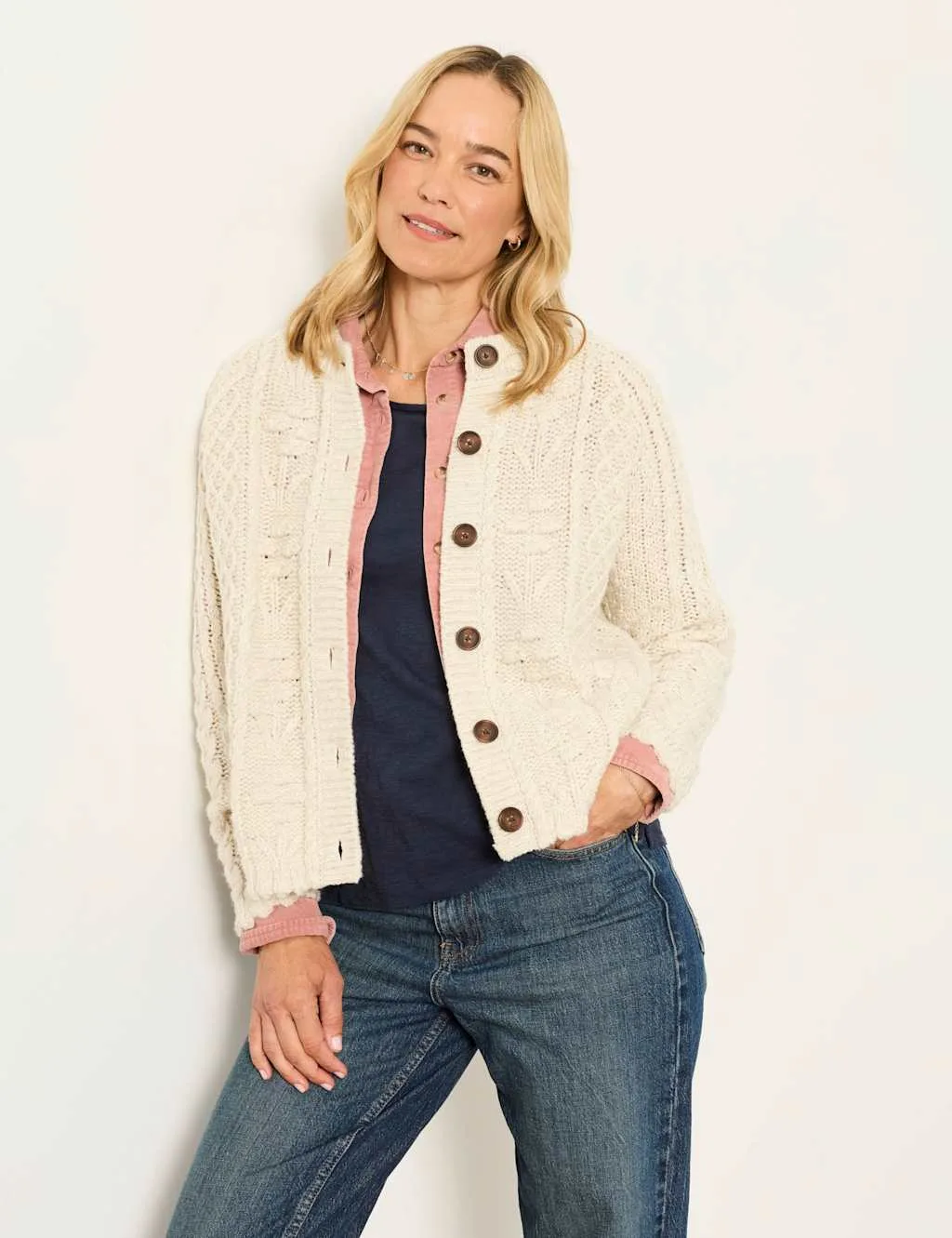 Wool Blend Floral Cable Knit Button Front Cardigan Natural female - Fatface - FashionsVida