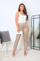 Women's Gold Tapered Sequin Trousers Size: 6S - Gold - Size: 6S