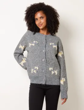 Dog Button Down Cardigan With Bows - S / GREY - female - Blue Vanilla - FashionsVida