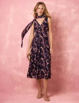 Luxe Tie V Neck Sleeveless Dress - 14 / NAVY PATTERN - female - Blue Vanilla - FashionsVida