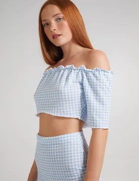 Women's Frill Detail Gingham Bardot Top in Blue Size: Large - Blue - Size: L - Pink Vanilla - FashionsVida
