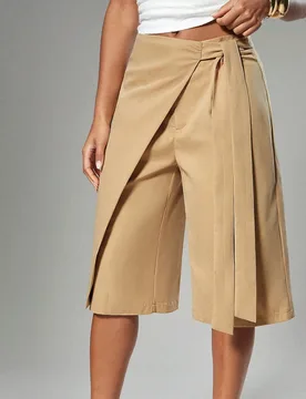 Pantalones cortos tipo bermuda de mujer con detalle de lazo, de unicolor, de estilo casual y sexy con pierna ancha L - Shein - FashionsVida