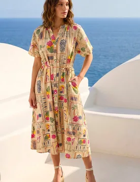 Womens Petite Postcard Tie Waist Midi Dress - Stone - Size 18 Uk - Roman - FashionsVida