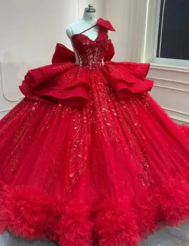 Shiny Red Quinceanera Dress glitter crystal Decal Long tail Lace ruffle layering Bow Vestidos De 15 Quinceanera ﻿Customize - Aliexpress - FashionsVida