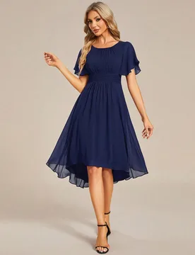 Vestido de dama de honor elegante de mujer con mangas con volantes y plisado de gasa azul marino, vestido formal para invitada de boda primavera/veran - Shein - FashionsVida