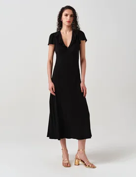 Crepe Frill V-Neck Midi Tea Dress Black female - GHOST - FashionsVida