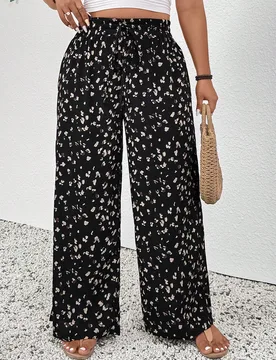 Pantalones de talla grande para mujer con cintura ajustable con cordón y estampado 0XL - Shein - FashionsVida