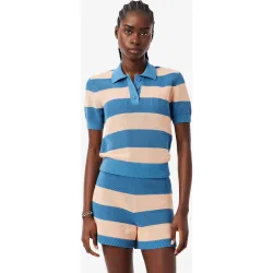 Jersey de cuello polo de mujer de punto de malla con rayas