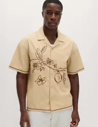 Pure Cotton Embroidered Short Sleeve Shirt Natural Mix male