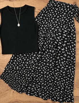 Conjunto de verano para mujer de 2 piezas, top de tirantes sin mangas combinado con falda midi con estampado floral pequeño, atuendo casual elegante - Shein - FashionsVida