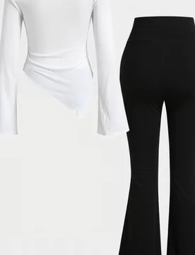 Conjunto de 2 piezas para niñas preadolescentes, top de punto ajustado de manga larga y pantalones acampanados en blanco y negro, adecuado para uso c - Shein - FashionsVida