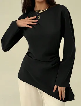 Blusa casual de mujer con manga larga, cuello barco y bajo asimétrico, versátil y elegante para el uso diario, la oficina y cenas, top negro modesto - Shein - FashionsVida