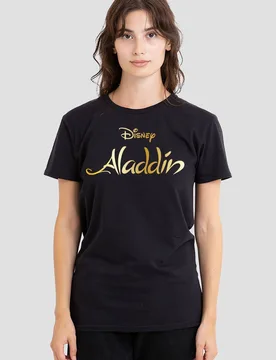 Women's Aladdin Logo T-Shirt, Black Size: Small - Black - Size: S - Disney - FashionsVida