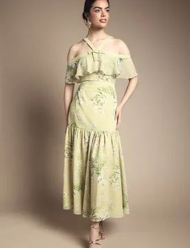 Womens Bow Detail Halter Neck Bardot Dress - Yellow - Size 14 Uk - OASIS - FashionsVida