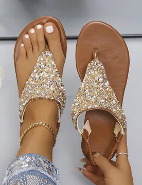 Sandalias tipo tanga con tira elástica trasera, pedrería y lentejuelas para mujer, estilo bohemio, color marrón óxido, sandalias de playa para vac - Shein - FashionsVida
