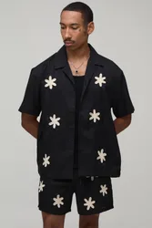 Herren Übergroßes Hemd-und-Shorts-Set Mit Häkelapplikation Black Größe XS