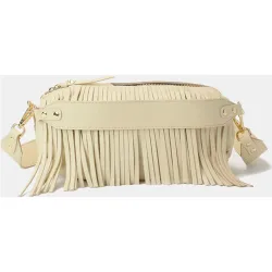 Bolso mediano de piel con forma de globo y flecos decorativos