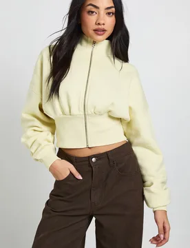 Womens Funnel Neck Cinched Waist Zip Through - Yellow Cotton - Size Large - Boohoo - FashionsVida