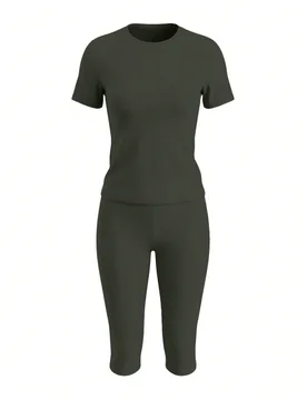 Conjunto de 2 piezas de camiseta de manga corta de cuello redondo de unicolor y pantalones 3/4 para mujer, ropa casual de verano elegante L - Shein - FashionsVida