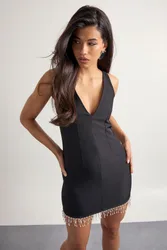 Womens Pearl Trim Structured Mini Dress - Black - Size 14 Uk