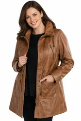 Womens Genuine Leather Parka Jacket - 3/4 Length Coat In Tan - Size 8 Regular