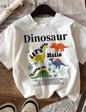 Camiseta casual y simple de verano de manga corta y cuello redondo con patrón de dinosaurio adecuada para niños jóvenes - Shein - FashionsVida