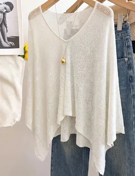 Suéter holgado casual de mujer con cuello en V y dobladillo asimétrico de unicolor XS - Shein - FashionsVida