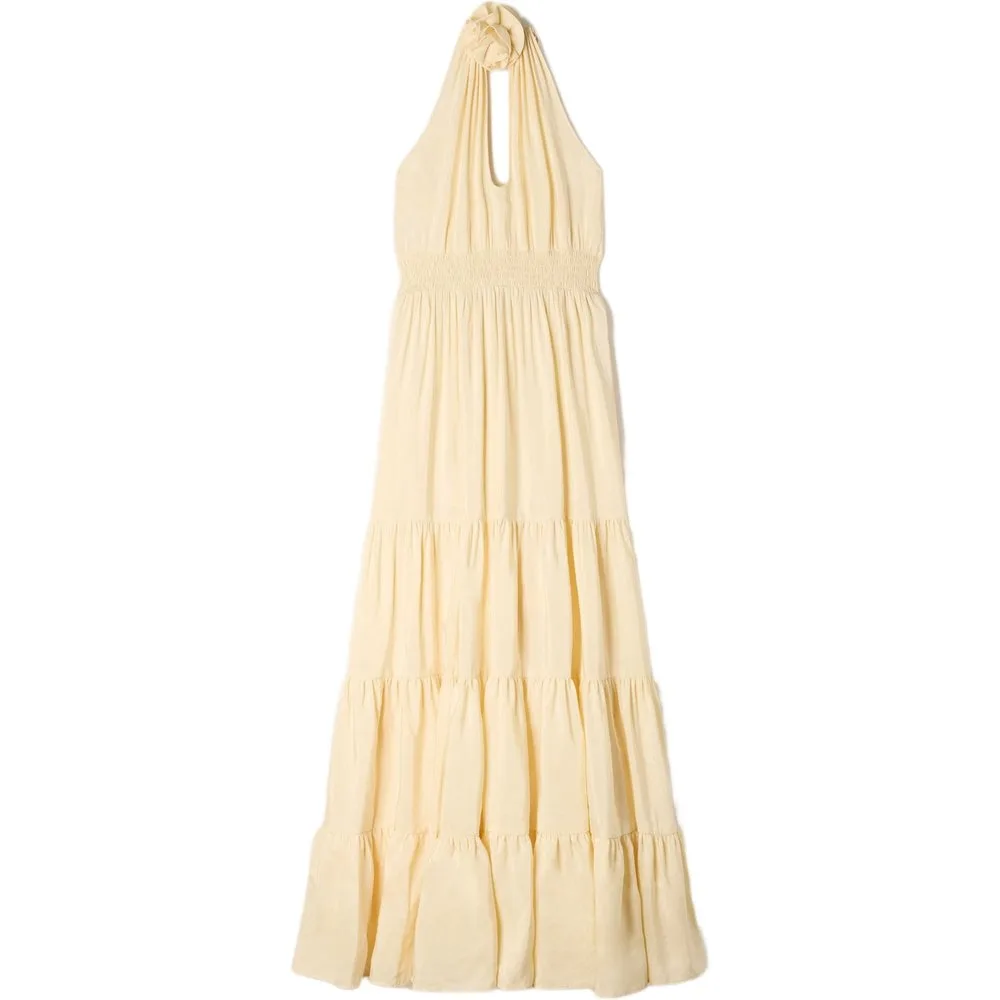 Vestido largo acampanado con espalda descubierta con lino - sandro - FashionsVida