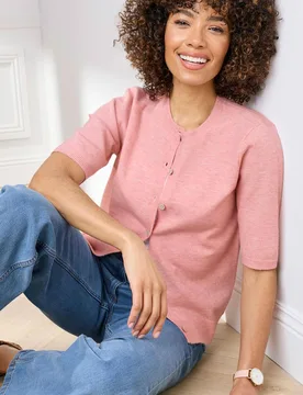 Women's Fine Knit Short Sleeve Cardigan Sweater in Rose Size: 8 - Rose - Size: 8 - Cotton Traders - FashionsVida