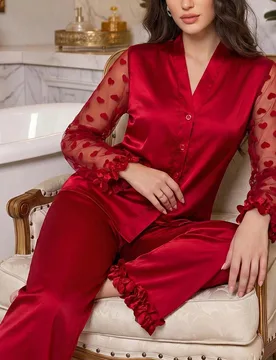 Conjunto de pijama de 3 piezas para mujer con encaje floral 3D, corazón de malla y satén, lencería nupcial, ropa de otoño e invierno cómoda y ele - Shein - FashionsVida