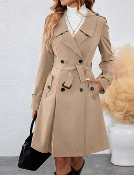 Abrigo trench gris para mujer con cuello largo, hebilla de lazo y cintura ceñida S - Shein - FashionsVida