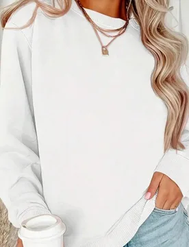 Sudadera de punto acanalado de manga larga con cuello redondo para mujer, top de poliéster de largo regular blanco casual M - Shein - FashionsVida
