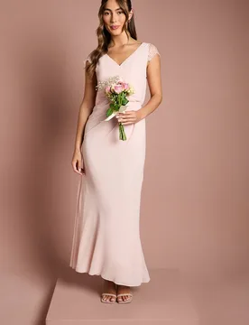 Women's Georgette & Lace Detail Wrap Effect Maxi Bridesmaid Dress in Blush Size: 16 - Blush - Size: 16 - Coast - FashionsVida