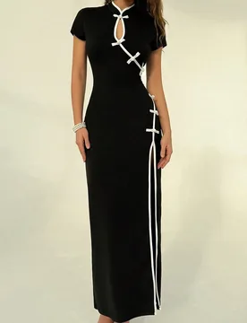 Vestido abotonado de mujer de estilo chino para el Año Nuevo, vestido elegante de estilo chino nuevo, vestido largo con ribete de contraste L - Shein - FashionsVida