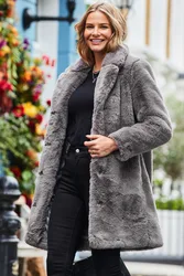 Womens Grey Luxe Faux Fur Coat - Size 16 Uk
