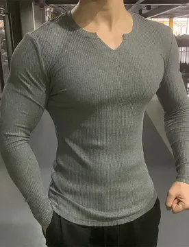 Fashion V-Neck Solid Color Long Sleeve Korean T-Shirt Men's Clothing Spring New Slim All-match Tops Casual Tee Shirt - Aliexpress - FashionsVida