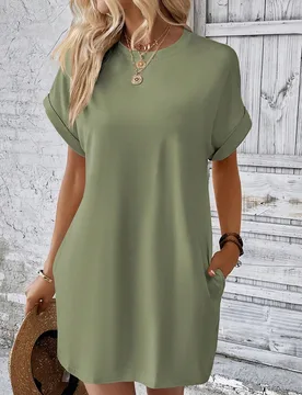 Vestido De Cuello Redondo De Manga Murciélago Holgado Y Color Sólido XL - Shein - FashionsVida