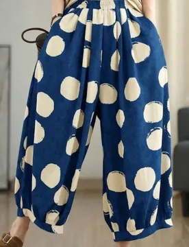 Pantalón de chándal casual para mujer con estampado de lunares, cintura elástica, bolsillos, pernera ancha y corte acampanado, azul, para primavera - Shein - FashionsVida