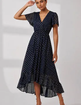 Women's Metallic Effect Angel Sleeve Maxi Dress in Navy Size: 18 - Navy - Size: 18 - Jolie Moi - FashionsVida