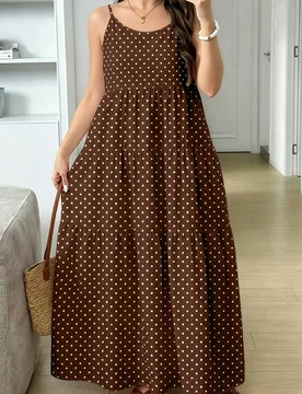 Vestido Cami de Mujer Talla Grande con Estampado de Lunares Vintage Casual para Vacaciones en Color Marrón, Adecuado para el Verano 0XL - Shein - FashionsVida