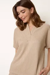 Women's Stone Short Sleeve Slip On V-neck Top Size: Medium - Stone - Size: M