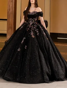 Black Shiny Quinceanera Dresses Off The Shoulder Applique Lace Beading Bow Tull Party Birthday Sweet 16 Dress Vestidos 15 De - Aliexpress - FashionsVida