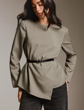 Blusa minimalista de negocios para mujer con bajo asimétrico, cuello redondo, manga larga, elegante, pulida y con cinturón, ropa de trabajo lista pa - Shein - FashionsVida