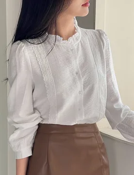 Blusa blanca elegante de mujer con cuello alto y mangas abullonadas M - Shein - FashionsVida