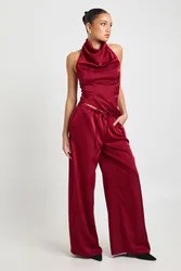 Womens Satin Drawstring Waist Wide Leg Trousers - Dark Red - Size 8 Uk