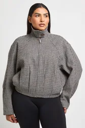 Womens Plus Checked Oversized Bomber Jacket - Grey - Size 26 Uk
