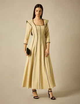 Vestido midi evasé con vivos en contrastes y manga francesa - Sonia Peña - FashionsVida