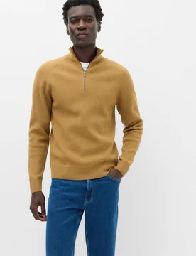 Cotton Blend Ribbed Half Zip Jumper Butterscotch male - M&S - FashionsVida